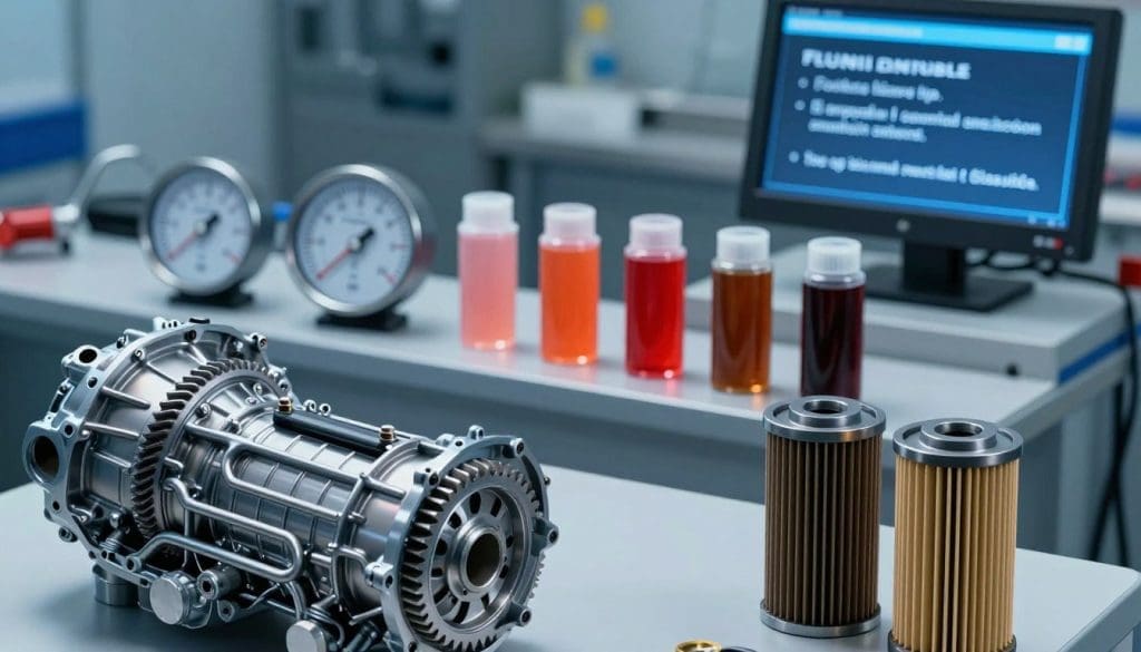 An informative image displaying the factors influencing transmission fluid life. In the foreground, a clean and modern car transmission system is depicted, showcasing key components such as gears and fluid pathways, meticulously highlighted. In the middle ground, various elements like temperature gauges, fluid color samples (ranging from bright red to dark brown), and filters represent the direct influences on fluid quality. The background features a workstation with tools and a digital screen displaying transmission fluid tips, bathed in soft blue lighting for a professional atmosphere. The overall mood is educational and technical, aiming to convey the importance of fluid maintenance. The angle is slightly elevated to provide a comprehensive view of all elements, ensuring clarity and focus on the subject matter.