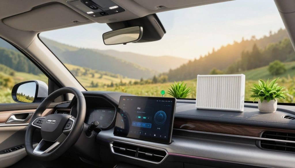 A bright, inviting cabin interior of a vehicle showcases the benefits of a fresh cabin air filter. In the foreground, a clean, modern dashboard glistens with polished surfaces and high-tech displays. Vivid green plants and air quality indicators are artfully placed on the console, symbolizing freshness. The middle ground features a clear view through the windshield, revealing a picturesque landscape bathed in golden light, promoting a sense of serenity. Soft, natural lighting filters in, creating a calming atmosphere. The background includes a blurred scene of nature outside, emphasizing a connection to fresh air. The angle is slightly elevated, providing a comprehensive view of the cabin's cleanliness and comfort, illustrating the importance of good air quality. The overall mood is peaceful and refreshing, encouraging a sense of well-being.