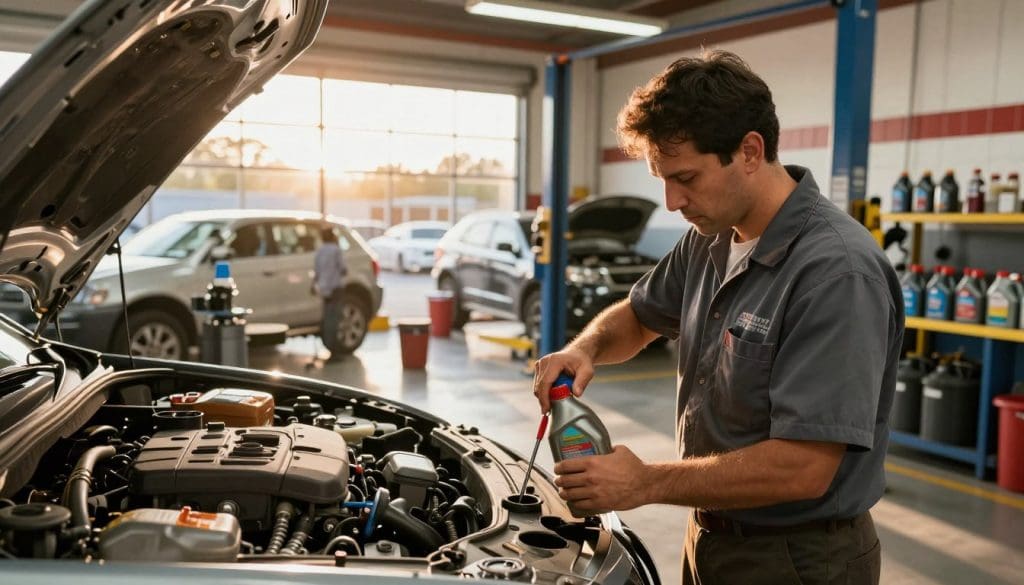 A bustling automotive service shop in San Antonio, capturing the essence of a specialized oil change environment. In the foreground, a mechanic in professional business attire is engaged in changing oil, using modern tools while focused on the task. In the middle ground, a bright, well-organized workshop highlights vehicles on lifts, with oil change supplies neatly arranged on shelves. The background features large windows allowing warm, golden sunlight to pour in, creating a sense of Texas heat. The overall atmosphere feels industrious and professional, with clear reflections on surfaces and depth created by the camera angle, suggesting a wide lens capturing the entire scene in vibrant, realistic detail, emphasizing the need for specialized care in oil changes in hot climates.