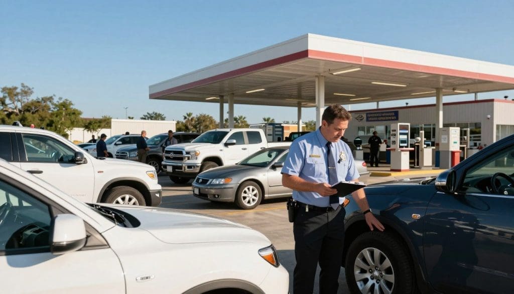 A busy Texas state vehicle inspection station in San Antonio during the afternoon. In the foreground, a professional inspector in business attire, holding a clipboard and checking a vehicle's tire pressure. In the middle ground, a range of vehicles, including trucks and sedans, awaiting inspection under canopies. The background features a bright, clear blue sky with sunlight illuminating the scene, creating a lively atmosphere. The inspection station is equipped with modern equipment and signage to emphasize compliance and safety. The overall mood is focused and diligent, reflecting the importance of vehicle safety and the benefits of thorough inspections. A busy Texas state vehicle inspection station in San Antonio during the afternoon. In the foreground, a professional inspector in business attire, holding a clipboard and checking a vehicle's tire pressure. In the middle ground, a range of vehicles, including trucks and sedans, awaiting inspection under canopies. The background features a bright, clear blue sky with sunlight illuminating the scene, creating a lively atmosphere. The inspection station is equipped with modern equipment and signage to emphasize compliance and safety. The overall mood is focused and diligent, reflecting the importance of vehicle safety and the benefits of thorough inspections.