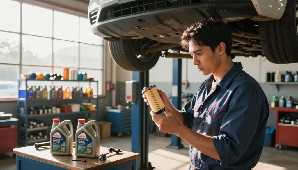 A busy auto service garage in San Antonio during the bright afternoon sunlight. In the foreground, a professional mechanic wearing a clean work uniform inspects a synthetic oil filter, holding it up for examination. In the middle ground, a modern vehicle is on a lift, revealing its undercarriage, with tools and oil canisters neatly arranged on a workbench nearby. In the background, large windows allow natural light to flood the space, showcasing shelves filled with synthetic oil products and spare parts. The atmosphere is professional and industrious, emphasizing the importance of quality oil changes and filter replacements, with clean details and a focus on the mechanic’s expertise. Warm lighting casts soft shadows, enhancing the dynamic environment of the garage.