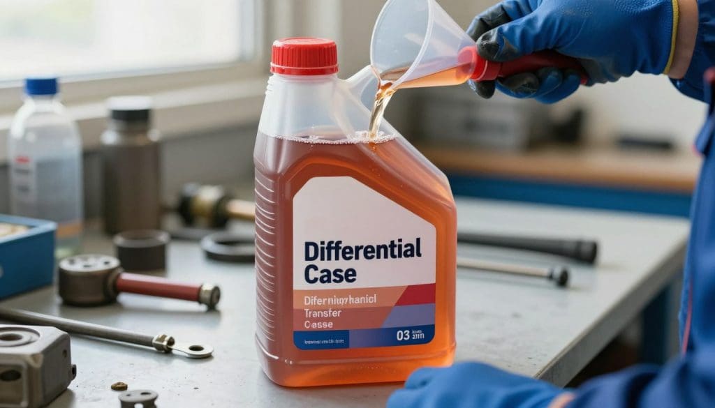 A close-up shot of a transparent fluid container labeled for differential and transfer case fluids, showcasing the rich, vibrant colors of the fluids inside, with a slight sheen reflecting light. In the foreground, there's a mechanic's hand holding a funnel, preparing to pour the fluid, wearing a blue mechanic's glove. The middle background features an organized workspace with tools, a workbench, and automotive parts, subtly blurred to emphasize the foreground. The lighting is bright and natural, giving a clean and professional atmosphere. The image should evoke a sense of reliability and technical expertise, suitable for an automotive repair setting, with a focus on the importance of these fluids in vehicle maintenance.