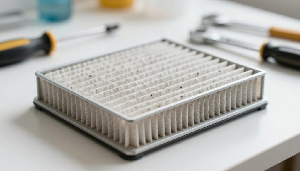 A close-up view of a cabin air filter, showcasing its intricate layers and fine mesh, with dirt and debris partially obstructing the filter material. In the foreground, the filter is placed on a clean, white work surface, illuminated by soft, diffused natural light that highlights its texture and details. The background is slightly blurred to emphasize the filter, with tools like a screwdriver and a wrench subtly visible, suggesting a maintenance setting. The overall mood is informative and professional, aimed at conveying the importance of air filter maintenance. Capture this scene with a shallow depth of field and an angle that provides a clear, engaging look at the filter's features while maintaining a sterile, clean atmosphere.