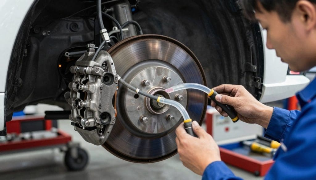 A close-up view of a car brake system in action, focusing on brake fluid flowing through transparent hoses connecting the calipers, master cylinder, and brake lines. The foreground features a mechanic in a professional uniform inspecting the brake components, highlighting their importance to safety. The middle layer showcases the intricate details of the brake pads, rotors, and fluid reservoirs glistening under bright workshop lights. In the background, tools and equipment are neatly arranged, emphasizing a clean and organized environment. The lighting is bright and stark, creating contrasts that enhance the metallic textures. The overall mood is technical and serious, underscoring the critical nature of brake fluid maintenance for optimal brake performance. A close-up view of a car brake system in action, focusing on brake fluid flowing through transparent hoses connecting the calipers, master cylinder, and brake lines. The foreground features a mechanic in a professional uniform inspecting the brake components, highlighting their importance to safety. The middle layer showcases the intricate details of the brake pads, rotors, and fluid reservoirs glistening under bright workshop lights. In the background, tools and equipment are neatly arranged, emphasizing a clean and organized environment. The lighting is bright and stark, creating contrasts that enhance the metallic textures. The overall mood is technical and serious, underscoring the critical nature of brake fluid maintenance for optimal brake performance.