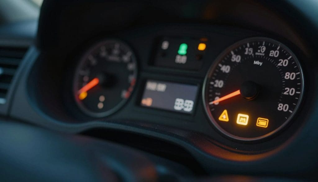 A close-up view of a car dashboard filled with various illuminated warning indicator lights, showcasing signs of service necessity. The foreground features a prominently lit check engine light, oil pressure warning, and battery alert, all glowing vibrantly against the sleek dashboard surface. The middle ground includes other dashboard elements like speedometer and fuel gauge, slightly blurred to emphasize the warning lights. The background consists of a dimly lit vehicle interior, creating a slightly tense atmosphere that highlights the urgency of the warning signs. Soft, diffused lighting casts gentle reflections on the dashboard, while a slightly tilted angle adds a dynamic perspective, enhancing the sense of alertness and concern for vehicle maintenance.
