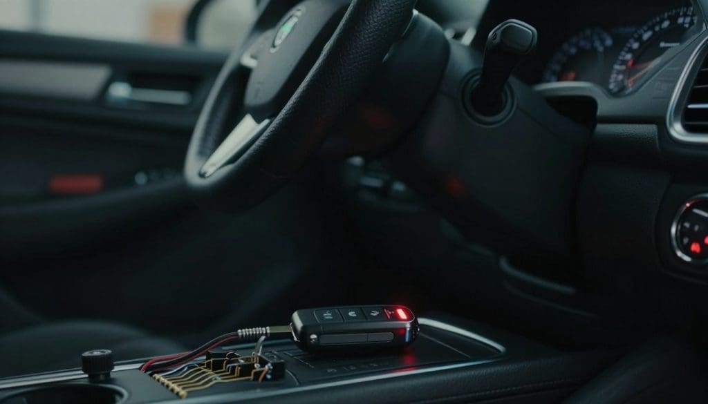 A close-up view of a car dashboard illuminated in low light, showcasing a blinking immobilizer warning light prominently. In the foreground, a technical key fob is resting on the dashboard, surrounded by visible wires and circuit components to suggest a security system malfunction. The middle ground captures the unique design of the car's ignition switch and steering column, emphasizing their sleek, modern design. The background features a blurred out garage setting, with shadows and hints of tools subtly lit, creating an atmosphere of frustration and concern, as if the car owner is dealing with a technical issue. The lighting is soft, with cool tones, to evoke a sense of technical scrutiny and intrigue.