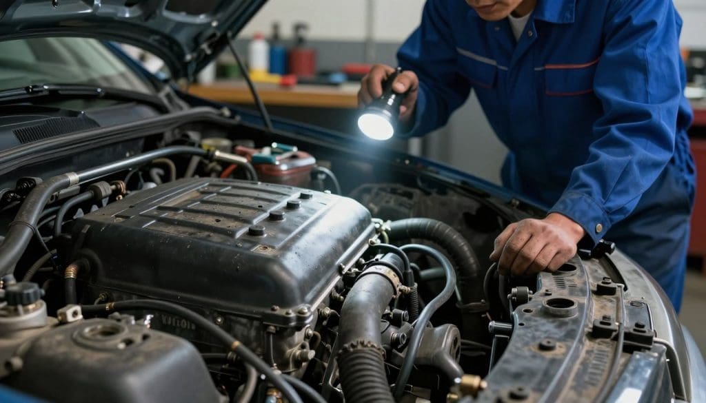 A close-up view of a car engine in distress, showing signs of stalling. In the foreground, focus on the engine compartment with visible hoses and wires, some slightly frayed, reflecting a sense of wear and tear. The middle ground features a mechanic in a blue jumpsuit, examining the engine with a professional demeanor, holding a flashlight that casts a soft glow on the components, revealing dirt and grime. In the background, a dimly lit garage adds to the atmosphere of concern, with tools neatly organized on a workbench. The lighting is dramatic, with shadows accentuating the engine's details, giving an urgent yet educational mood. Overall, the scene captures the importance of maintaining a fuel pump to prevent issues like stalling.