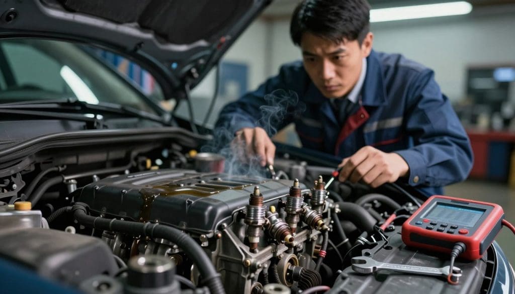 A close-up view of a car engine with visible technical issues, such as worn-out spark plugs and leaking oil. The foreground features tools like a wrench and a diagnostic tool to emphasize repair efforts. In the middle ground, a mechanic in professional business attire inspects the engine with a focused expression, illustrating the human element in diagnostics. The background shows a dimly lit garage with dim overhead lights casting shadows, adding a serious atmosphere. The overall mood reflects frustration and urgency, highlighting the environmental consequences of poor engine performance, such as smoke or emissions in the air. The lens should have a sharp focus on the engine components, with a slight blur on the background to emphasize the diagnostics work.