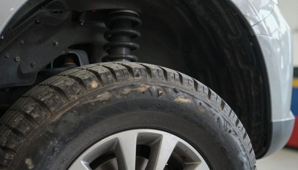 A close-up view of a car tire displaying uneven wear patterns, highlighting areas of excessive flatness and balding. The foreground features the tire prominently, showcasing detailed textures of rubber and wear. In the middle ground, include a partially visible vehicle’s suspension system with worn-out shock absorbers to illustrate the impact of improper tire rotation. The background consists of a blurred garage setting, with soft, diffused lighting to enhance the focus on the tire and suspension. The angle is slightly tilted, providing an engaging perspective. The atmosphere is informative yet slightly urgent, reflecting the importance of proper vehicle maintenance. The overall image is professional and clear, without any text or logos.