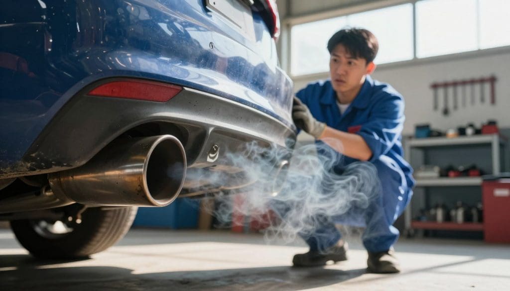 A close-up view of a car's exhaust pipe emitting thick, dark smoke into the air, highlighting an alarming sign of mechanical distress. In the foreground, focus on the exhaust pipe with visible soot and a faint shimmer of heat waves rising from it. The middle section features a slightly blurred mechanic inspecting the engine compartment, wearing a professional blue work shirt and safety gloves, with a concerned expression. The background showcases a clear, sunny day in a well-lit garage, with tools and equipment organized neatly on shelves, conveying a professional atmosphere. The scene emits a serious mood, emphasizing the urgency of vehicle maintenance, with natural light casting dynamic shadows and reflections.