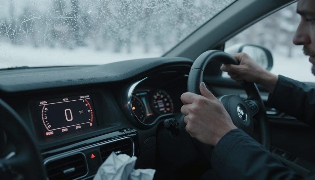A close-up view of a car's interior, focusing on a malfunctioning thermostat display, with erratic temperature readings and warning lights illuminated. In the foreground, detail the sleek, modern dashboard with a glossy finish, showing the thermostat gauge prominently. The middle ground features the driver's seat and steering wheel, suggesting a tense atmosphere with visible signs of frustration like crumpled paper or a stressed driver’s hands. The background reveals frosted car windows, indicating cold winter conditions outside, with soft, diffused natural light filtering through. Capture a slightly desaturated color palette to emphasize the chill of winter, while the angle is slightly tilted to evoke a sense of urgency and confusion related to cabin temperature issues.