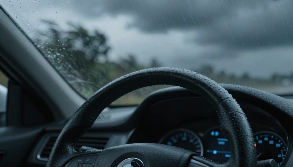 A close-up view of a car's power steering system experiencing issues due to adverse weather conditions. In the foreground, a steering wheel with visible wear and tear, droplets of rain glistening on its surface, suggesting a recent storm. In the middle ground, the steering column and dashboard electronics, illuminated with a soft, cool blue light to emphasize a tense atmosphere, showcasing a minor electrical warning light. The background features blurred silhouettes of trees swaying in strong winds under dark storm clouds, creating a sense of urgency. A moody, overcast sky casts a diffused light, adding to the somber tone of the scene. The angle is slightly tilted, emphasizing instability and the need for service. A close-up view of a car's power steering system experiencing issues due to adverse weather conditions. In the foreground, a steering wheel with visible wear and tear, droplets of rain glistening on its surface, suggesting a recent storm. In the middle ground, the steering column and dashboard electronics, illuminated with a soft, cool blue light to emphasize a tense atmosphere, showcasing a minor electrical warning light. The background features blurred silhouettes of trees swaying in strong winds under dark storm clouds, creating a sense of urgency. A moody, overcast sky casts a diffused light, adding to the somber tone of the scene. The angle is slightly tilted, emphasizing instability and the need for service.