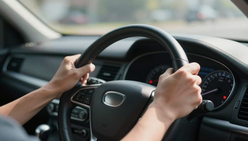 A close-up view of a driver struggling with hard steering in a modern car interior. The foreground features a pair of hands gripping a leather-wrapped steering wheel, showcasing tension and strain. In the middle ground, the dashboard displays warning lights indicating potential power steering issues. The background captures a blurred cityscape, suggesting movement and urgency. Natural sunlight streams through the windshield, creating highlights on the dashboard and enhancing the driver's distressed expression. The mood is tense and slightly urgent, emphasizing the challenges of poor steering performance. Use a shallow depth of field to focus on the hands and steering wheel, highlighting the struggle. The overall lighting should be bright but with areas of shadow to convey seriousness. A close-up view of a driver struggling with hard steering in a modern car interior. The foreground features a pair of hands gripping a leather-wrapped steering wheel, showcasing tension and strain. In the middle ground, the dashboard displays warning lights indicating potential power steering issues. The background captures a blurred cityscape, suggesting movement and urgency. Natural sunlight streams through the windshield, creating highlights on the dashboard and enhancing the driver's distressed expression. The mood is tense and slightly urgent, emphasizing the challenges of poor steering performance. Use a shallow depth of field to focus on the hands and steering wheel, highlighting the struggle. The overall lighting should be bright but with areas of shadow to convey seriousness.