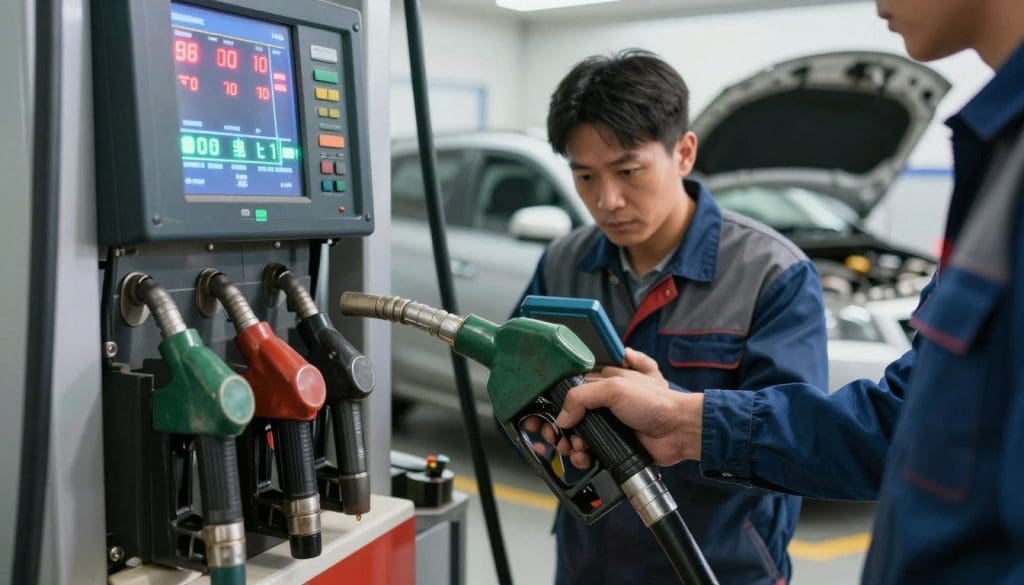 A close-up view of a fuel pump with visual indicators of malfunction, such as error lights illuminated on the display. In the foreground, focus on the fuel nozzle dripping with gasoline, showcasing wear and tear. The middle ground features a mechanic in professional attire examining the fuel pump closely, holding diagnostic equipment, surrounded by tools scattered on a workbench. In the background, a blurred image of a car with its hood open to emphasize the connection between fuel system issues and starting complications. The lighting is bright and clinical, capturing the details of the fuel pump while casting soft shadows to create depth. The atmosphere is tense and professional, reflecting the seriousness of automotive repair.