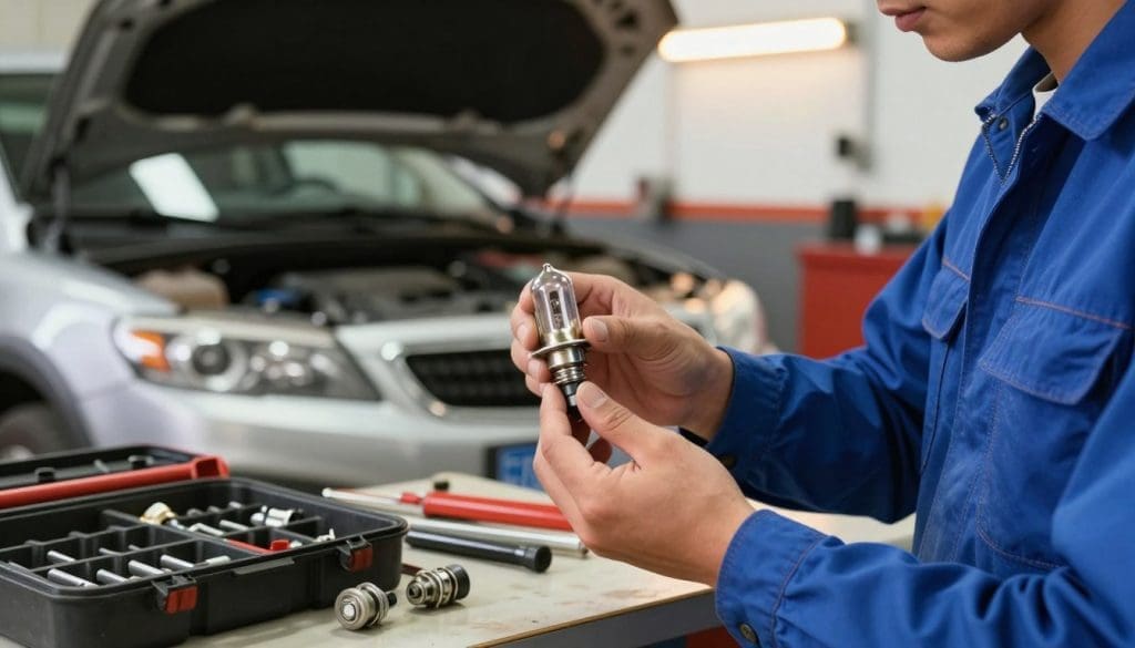 A close-up view of a mechanic checking car light bulbs in a well-lit garage. In the foreground, a mechanic in a blue jumpsuit focuses intently on a light bulb in their hand, inspecting it for any signs of wear or damage. The middle ground showcases a neatly organized toolbox and various tools laid out on a workbench, emphasizing the maintenance theme. In the background, a car with an open hood is visible, illuminated by warm overhead lights, creating a friendly and inviting atmosphere. The image captures the essence of diligence and care in car maintenance, with natural shadows and highlights reflecting the structured environment of the garage.