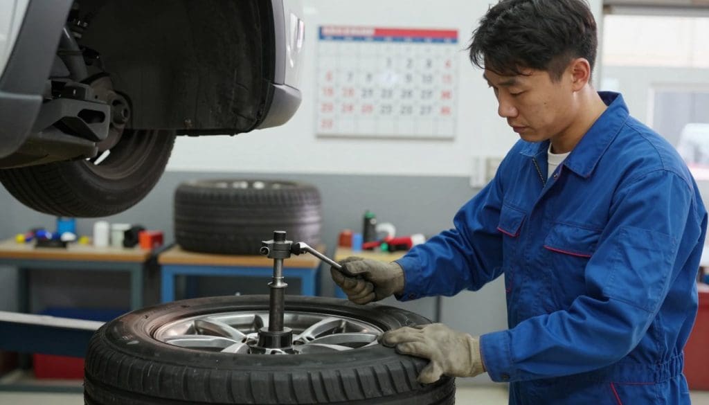 A close-up view of a mechanic in a professional blue jumpsuit, demonstrating tire rotation on a lifted car in a well-lit garage. The foreground features a shiny tire being rotated with tools and machinery visible, while the middle ground includes a tire balancing machine and various tools scattered around a workbench. In the background, a clear calendar is displayed on the wall, emphasizing the importance of timing for tire rotation. The lighting is bright and industrial, casting soft shadows and highlighting the mechanic's focused expression. The mood is informative and professional, showcasing the critical maintenance of tires with an atmosphere of diligence and expertise.