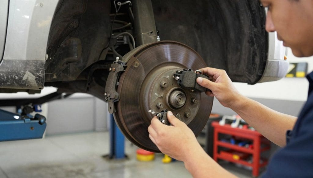 A close-up view of a mechanic inspecting a car's brake system in a well-lit garage. In the foreground, focus on the mechanic's hands carefully examining the brake pads and rotors, showcasing the intricate details and textures of the components. The middle ground features the car on a hydraulic lift, highlighting its undercarriage and braking system. The background contains tools and equipment traditionally found in a garage, softly blurred to emphasize the inspection. The lighting is bright and even, enhancing clarity and focus, with warm tones to evoke a sense of professionalism and care. The overall atmosphere should convey diligence and routine maintenance, reflecting the importance of vehicle longevity through simple inspections.