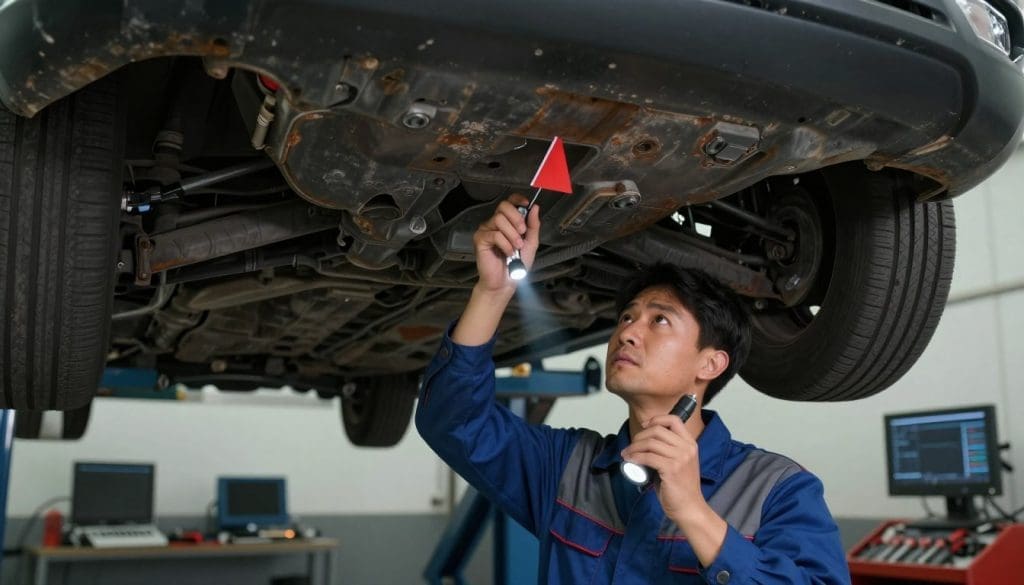 A close-up view of a mechanic inspecting a used car, highlighting red flags in vehicle history. The foreground features the mechanic, dressed in professional coveralls, examining the car's undercarriage with a flashlight, casting a subtle beam of light. In the middle ground, the car is slightly raised on a lift, revealing worn-out parts and rust spots, symbolizing potential issues. The background shows a well-organized garage with tools and diagnostic equipment, illuminated by soft overhead lighting for an insightful yet tense atmosphere. The overall mood conveys urgency and caution, emphasizing the importance of thorough inspections when considering a used vehicle. The perspective is from a low angle, accentuating the features of both the mechanic and the car. A close-up view of a mechanic inspecting a used car, highlighting red flags in vehicle history. The foreground features the mechanic, dressed in professional coveralls, examining the car's undercarriage with a flashlight, casting a subtle beam of light. In the middle ground, the car is slightly raised on a lift, revealing worn-out parts and rust spots, symbolizing potential issues. The background shows a well-organized garage with tools and diagnostic equipment, illuminated by soft overhead lighting for an insightful yet tense atmosphere. The overall mood conveys urgency and caution, emphasizing the importance of thorough inspections when considering a used vehicle. The perspective is from a low angle, accentuating the features of both the mechanic and the car.