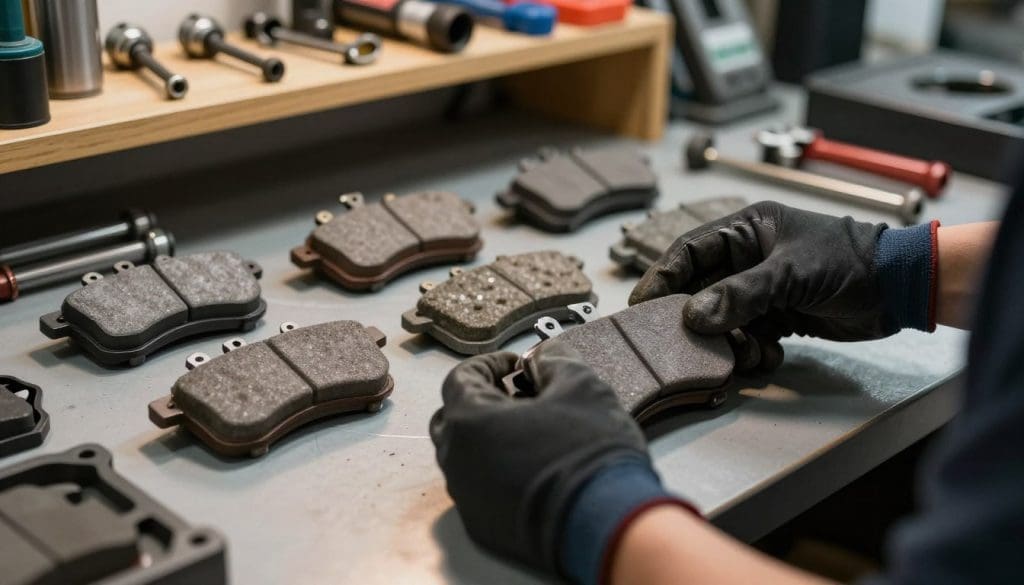A close-up view of a mechanic selecting brake pads in a well-lit garage setting, showcasing a variety of brake pads on a workbench. The foreground features the mechanic's hands, clad in professional gloves, carefully examining different brake pads for their thickness and material composition, emphasizing detail and texture. In the middle, a clear selection of high-performance brake pads is displayed alongside worn examples, contrasting their conditions. The background depicts tools and equipment organized on shelves, casting soft shadows with warm overhead lighting that enhances the focus on the brake pads. The atmosphere is pragmatic and focused, evoking a sense of precision in choosing the right components for vehicle safety and performance.