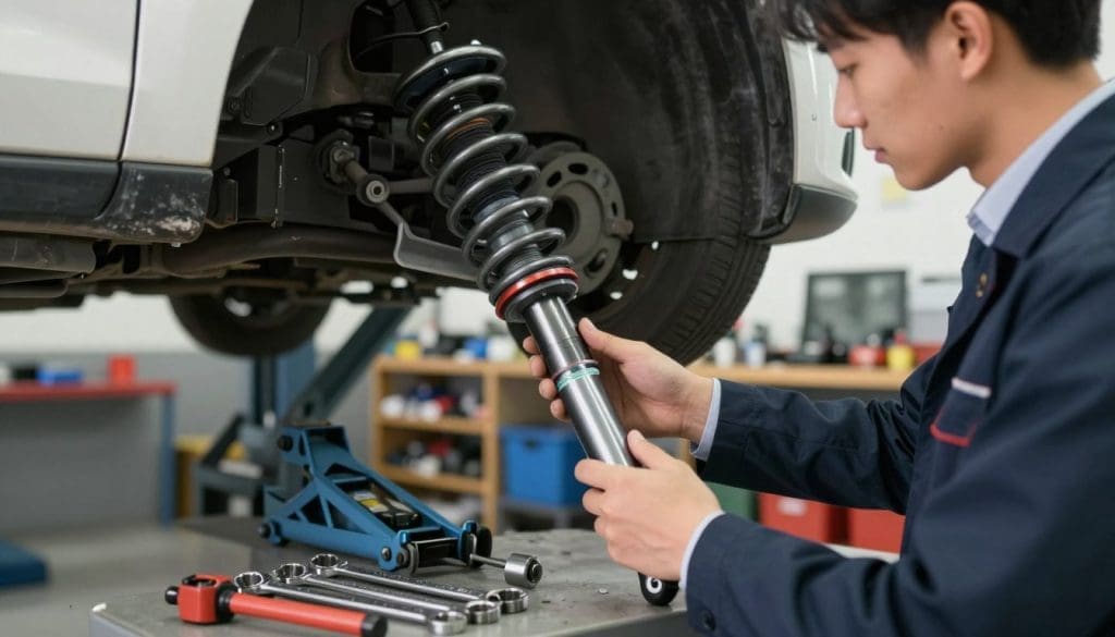 A close-up view of a mechanic working on a car's suspension system in a well-lit garage. In the foreground, the mechanic, wearing professional business attire, examines a shock absorber with focused attention. Tools and components related to suspension repair, such as wrenches and hydraulic jacks, are neatly arranged beside him. The middle ground features the car elevated on a lift, showcasing its underside and various suspension parts. In the background, shelves filled with automotive tools and parts are slightly blurred, adding depth. Soft, diffused lighting enhances the scene, creating a professional yet approachable atmosphere, emphasizing the importance of proper repair to eliminate clunking noises while driving.