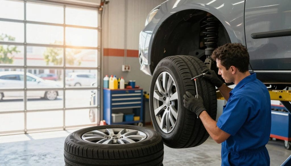 A close-up view of a professional mechanic performing a tire rotation in a San Antonio auto shop, showcasing precise tire alignment. The mechanic is dressed in a blue uniform, focused on a tire as he expertly checks its condition while using modern tools. In the foreground, a shiny, well-maintained car is elevated on a hydraulic lift, with four garage tires organized neatly nearby. The middle ground features tool racks, oil cans, and cleaning supplies, emphasizing a clean, efficient workspace. The background reveals a sunny San Antonio afternoon through large garage doors, casting warm, bright light into the shop. The atmosphere is industrious yet inviting, instilling a sense of professionalism and care that reflects the importance of tire maintenance.