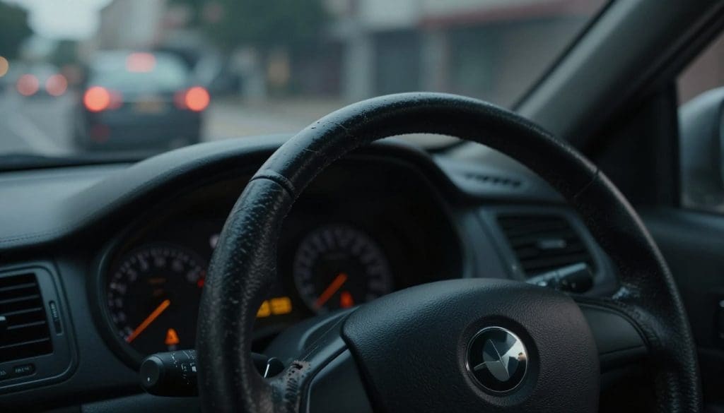 A close-up view of a steering wheel with visible signs of wear, such as frayed edges and a cracked surface, positioned in the foreground to emphasize its deteriorating state. In the middle ground, a car dashboard displays warning lights illuminated, creating a sense of urgency and concern. In the background, an out-of-focus urban street scene shows a vehicle swerving unexpectedly, hinting at potential danger. The lighting is dramatic, with high contrast between the shadows and highlighted areas, suggesting a looming threat while casting a serious, cautionary mood over the image. The angle is slightly tilted to convey instability, enhancing the sense of peril associated with ignoring steering issues. The atmosphere feels tense and foreboding, urging viewers to consider the consequences of neglecting vehicle maintenance.