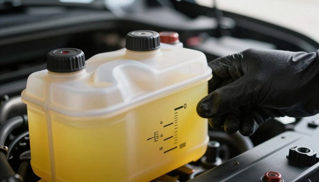 A close-up view of a transparent brake fluid reservoir in a car engine, showcasing the fluid's level and clarity. In the foreground, the brake fluid reservoir is illuminated with soft, natural lighting that highlights the fluid's vibrant yellow color and the measurement markings on the side. The middle of the image features a hand wearing a black glove checking the fluid level, emphasizing the importance of maintenance. In the background, slightly blurred, the rest of the engine compartment is visible, providing context without distraction. The overall atmosphere is focused and professional, conveying a sense of diligence and safety. The angle is slightly tilted to create depth, giving a dynamic yet technical feel to the composition. A close-up view of a transparent brake fluid reservoir in a car engine, showcasing the fluid's level and clarity. In the foreground, the brake fluid reservoir is illuminated with soft, natural lighting that highlights the fluid's vibrant yellow color and the measurement markings on the side. The middle of the image features a hand wearing a black glove checking the fluid level, emphasizing the importance of maintenance. In the background, slightly blurred, the rest of the engine compartment is visible, providing context without distraction. The overall atmosphere is focused and professional, conveying a sense of diligence and safety. The angle is slightly tilted to create depth, giving a dynamic yet technical feel to the composition.