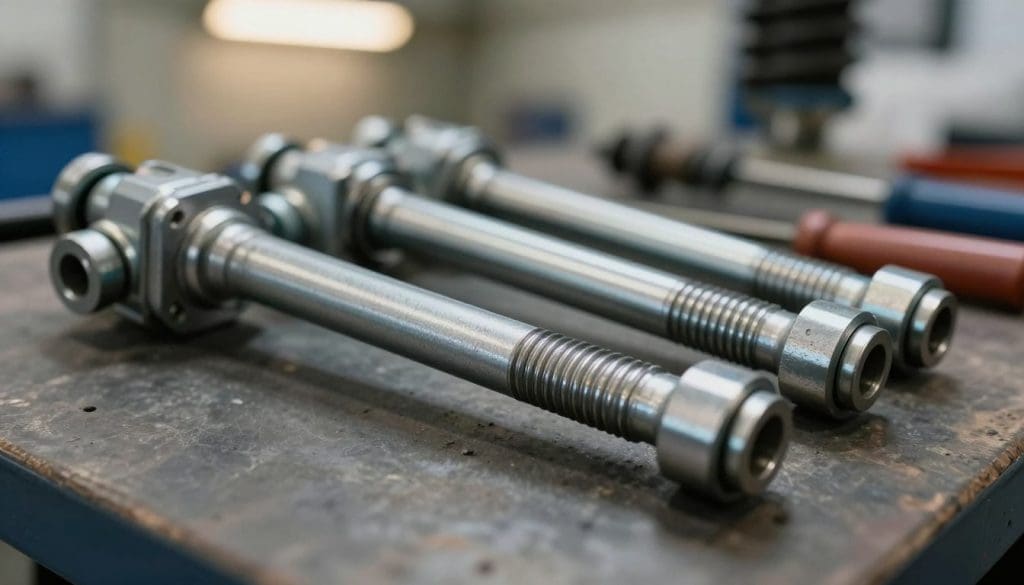 A close-up view of tie rods used in automotive suspension systems, showcasing their intricate metallic details and engineering precision. The foreground features a shiny, well-maintained tie rod with visible thread patterns and mounting points, reflecting natural light to accentuate its metallic sheen. In the middle ground, there are a few other suspension components partially blurred to provide context without distraction. The background includes a soft focus of a garage setting, with tools subtly illuminated by warm overhead lighting, creating an atmosphere of professionalism and mechanical expertise. The camera angle is slightly low, emphasizing the strength and technical design of the tie rods, building a mood of reliability and functionality essential for diagnosing suspension problems.
