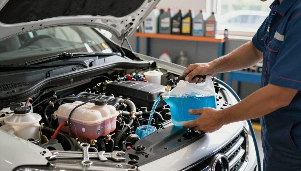 A detailed and informative scene showcasing a coolant flush process in a well-lit automotive workshop. In the foreground, a mechanic in professional attire is carefully connecting a coolant flush machine to a car, showing the clear hoses and vibrant blue coolant flowing through them. The middle ground features an open hood of the car revealing its engine and the coolant reservoir, alongside essential tools like wrenches and a funnel, highlighting the meticulous nature of the task. In the background, shelves are lined with various automotive fluids, emphasizing the importance of car maintenance. The lighting is bright and inviting, with natural sunlight streaming in, creating a clean and focused atmosphere that captures the essence of vehicle care and preventive maintenance.