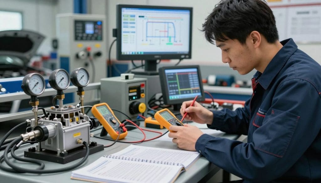 A detailed automotive diagnostic scene focused on procedures for assessing fuel pump health. In the foreground, a mechanic in professional attire is examining a fuel pump on a workbench, using a multimeter for testing electrical connections with focused concentration. The middle ground features diagnostic tools like pressure gauges, fuel flow testers, and service manuals laid out neatly. In the background, a well-lit garage environment showcases various automotive parts and a large wall-mounted display of fuel pump schematics. The atmosphere is technical and industrious, with bright, ambient lighting highlighting the precision of the diagnostics. The perspective is slightly angled to provide depth, emphasizing the mechanic's engagement with the task at hand.