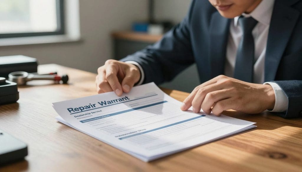 A detailed, close-up view of a repair warranty document prominently displayed on a polished wooden desk, symbolizing the reliability and peace of mind it offers drivers. In the foreground, the warranty document is neatly organized with visible sections labeled "Dealership Service" and "Independent Shop" for comparison. In the middle, a professional person in business attire scrutinizes the document, with a focused expression, embodying trust and responsibility. Soft, natural light pours in from a nearby window, casting a warm glow over the scene, enhancing an atmosphere of professionalism and assurance. In the background, blurred tools and car components imply a workshop environment, subtly hinting at the importance of warranties in vehicle maintenance and repair. The overall mood is one of confidence and security. A detailed, close-up view of a repair warranty document prominently displayed on a polished wooden desk, symbolizing the reliability and peace of mind it offers drivers. In the foreground, the warranty document is neatly organized with visible sections labeled "Dealership Service" and "Independent Shop" for comparison. In the middle, a professional person in business attire scrutinizes the document, with a focused expression, embodying trust and responsibility. Soft, natural light pours in from a nearby window, casting a warm glow over the scene, enhancing an atmosphere of professionalism and assurance. In the background, blurred tools and car components imply a workshop environment, subtly hinting at the importance of warranties in vehicle maintenance and repair. The overall mood is one of confidence and security.