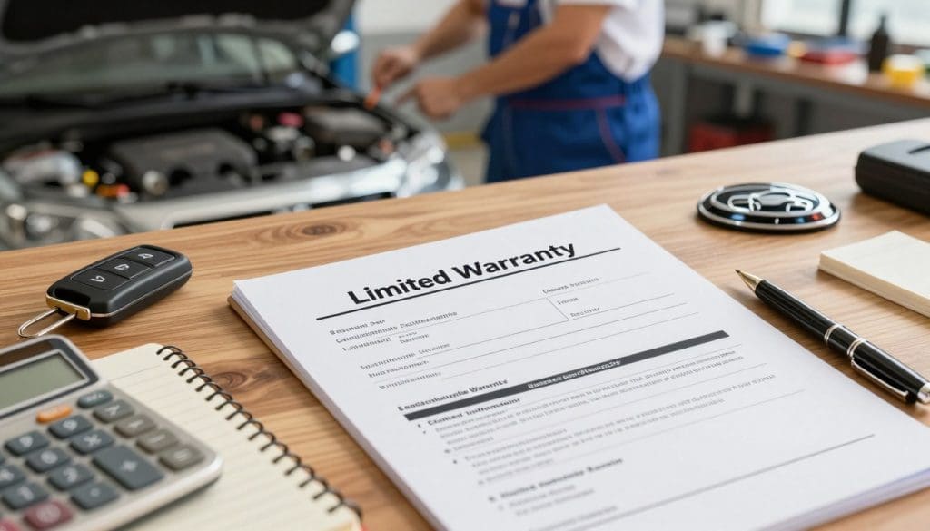 A detailed depiction of a comprehensive repair warranty document laid on a wooden desk, with a sleek car key and a shiny car emblem subtly placed beside it. In the foreground, an open notebook with a pen and a calculator represents the financial aspects of the warranty. The middle ground features a mechanic in professional attire, inspecting a car with a tool in hand, exuding confidence and expertise. The background includes a well-organized workshop with tools and car parts visible, accentuated by soft, warm lighting that creates a reassuring atmosphere. The image captures a sense of security and reliability, symbolizing peace of mind for drivers under a limited warranty. The angle of the shot is slightly elevated to provide a comprehensive view of all elements. A detailed depiction of a comprehensive repair warranty document laid on a wooden desk, with a sleek car key and a shiny car emblem subtly placed beside it. In the foreground, an open notebook with a pen and a calculator represents the financial aspects of the warranty. The middle ground features a mechanic in professional attire, inspecting a car with a tool in hand, exuding confidence and expertise. The background includes a well-organized workshop with tools and car parts visible, accentuated by soft, warm lighting that creates a reassuring atmosphere. The image captures a sense of security and reliability, symbolizing peace of mind for drivers under a limited warranty. The angle of the shot is slightly elevated to provide a comprehensive view of all elements.
