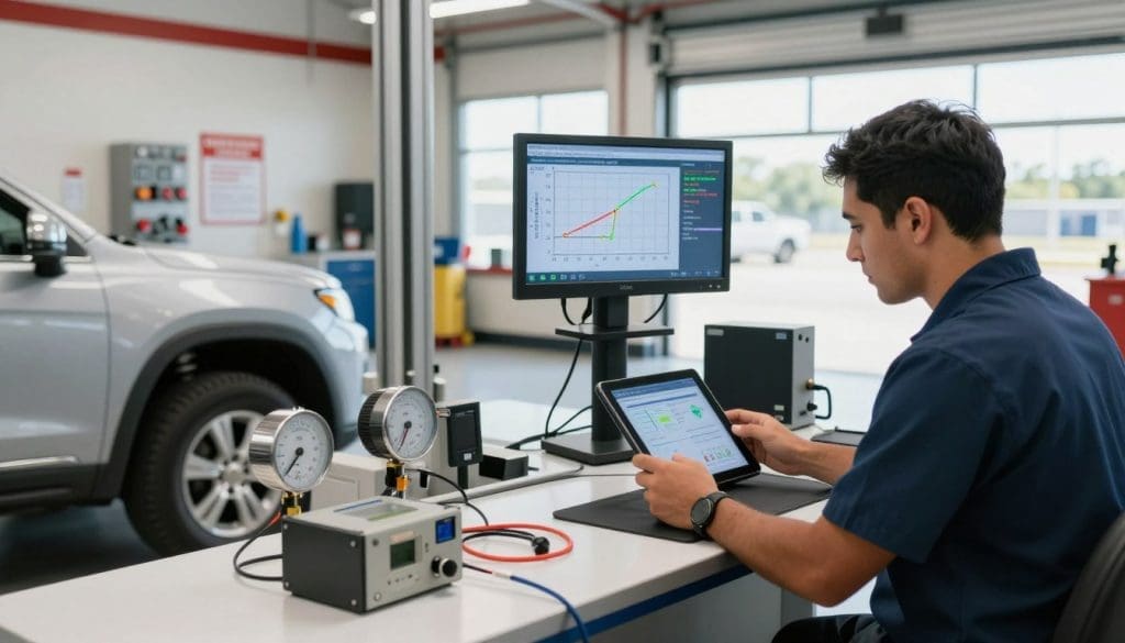 A detailed emissions testing scene in a Texas vehicle inspection station. In the foreground, a clean and well-lit inspection bay with a modern vehicle under a testing apparatus, surrounded by diagnostic equipment and exhaust measuring tools. A technician in a professional uniform is focused on monitoring results on a tablet, showing attention to detail. In the middle ground, a large monitor displaying emissions data, while a graphical representation of acceptable limits is visible. The background features a spacious garage with tools and safety posters on the walls, enhanced by bright, natural lighting streaming through large windows, creating an atmosphere of diligence and professionalism. The overall mood is informative and procedural, emphasizing the importance of environmental compliance in vehicle maintenance. A detailed emissions testing scene in a Texas vehicle inspection station. In the foreground, a clean and well-lit inspection bay with a modern vehicle under a testing apparatus, surrounded by diagnostic equipment and exhaust measuring tools. A technician in a professional uniform is focused on monitoring results on a tablet, showing attention to detail. In the middle ground, a large monitor displaying emissions data, while a graphical representation of acceptable limits is visible. The background features a spacious garage with tools and safety posters on the walls, enhanced by bright, natural lighting streaming through large windows, creating an atmosphere of diligence and professionalism. The overall mood is informative and procedural, emphasizing the importance of environmental compliance in vehicle maintenance.