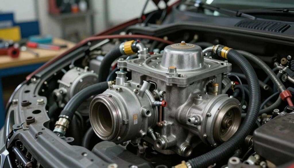 A detailed illustration of a complex automotive cooling system display, showcasing a water pump at the forefront with visible hoses and connections, emphasizing wear and potential failure points. The background features a well-lit automotive workshop with tools and parts scattered, enhancing the DIY aspect. Soft, diffused lighting highlights the water pump's metallic surfaces and textures, while a shallow depth of field draws focus to the pump. The mood is tense yet informative, alluding to the risks involved in improper DIY repairs. Capture the image from a slightly elevated angle to add depth, ensuring clarity in technical elements like the pump's specifications and potential leaks. No text, logos, or watermarks.
