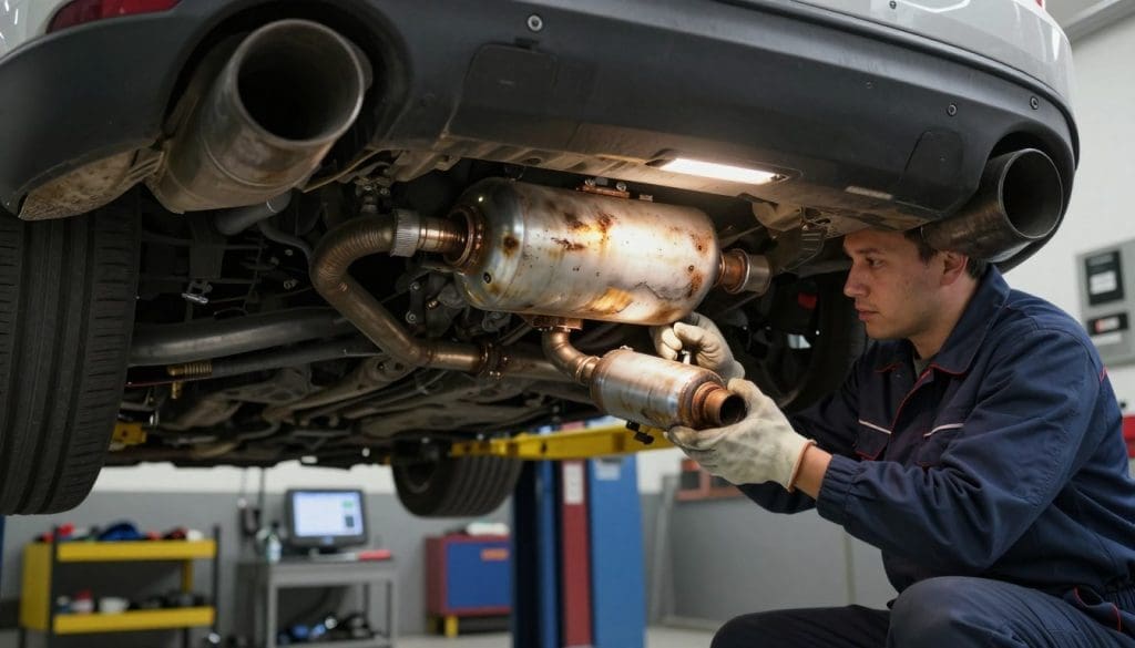 A detailed inspection of a car's exhaust system, emphasizing a worn catalytic converter. In the foreground, a mechanic in professional attire kneels beside the vehicle, carefully examining the catalytic converter, which shows signs of rust and damage. The middle section features the underside of the car with exposed pipes and the catalytic converter, illuminated by a soft, focused LED work light, highlighting areas of corrosion and wear. In the background, a clean, well-organized garage with tools and diagnostic equipment is visible, conveying a sense of professionalism. The scene is captured in a slight low-angle perspective to emphasize the mechanic’s work, with warm lighting creating an atmosphere of thoroughness and attention to detail.