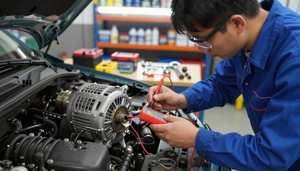 A detailed mechanic examining a car alternator in a well-lit garage setting. In the foreground, the mechanic, dressed in a blue coverall and safety glasses, is using a multimeter to test the alternator while leaning over the engine compartment. In the middle ground, various tools and parts are neatly organized on a workbench, including wrenches and battery charges. The background features shelves filled with car maintenance supplies, illuminated by bright overhead lights, creating a focused and professional atmosphere. The image should capture a sense of diligence and attention to detail, emphasizing the importance of early identification of faulty alternators. The scene is shot with a slight overhead angle for a clear view of the testing process.