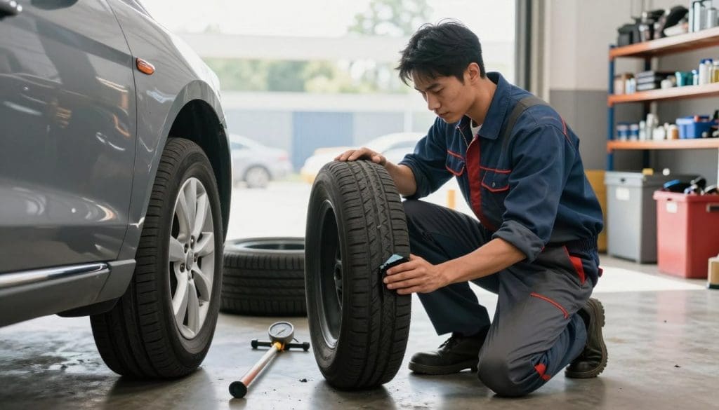 A detailed scene depicting a flat tire repair in a well-lit garage setting. In the foreground, a qualified mechanic, dressed in professional automotive attire, kneels beside a car with a flat tire, carefully applying a patch to the inner surface. The mechanic's focused expression conveys dedication and expertise. In the middle ground, various tools are scattered, including a tire iron and a pressure gauge, conveying an organized work environment. In the background, shelves filled with automotive supplies and a large window allow natural light to flood the scene, creating an inviting and bright atmosphere. The overall mood reflects professionalism and the importance of meticulous maintenance in vehicle care, illustrating a hands-on approach to tire repair. The image should be captured with a slightly elevated angle to showcase both the mechanic at work and the tools in use. A detailed scene depicting a flat tire repair in a well-lit garage setting. In the foreground, a qualified mechanic, dressed in professional automotive attire, kneels beside a car with a flat tire, carefully applying a patch to the inner surface. The mechanic's focused expression conveys dedication and expertise. In the middle ground, various tools are scattered, including a tire iron and a pressure gauge, conveying an organized work environment. In the background, shelves filled with automotive supplies and a large window allow natural light to flood the scene, creating an inviting and bright atmosphere. The overall mood reflects professionalism and the importance of meticulous maintenance in vehicle care, illustrating a hands-on approach to tire repair. The image should be captured with a slightly elevated angle to showcase both the mechanic at work and the tools in use.