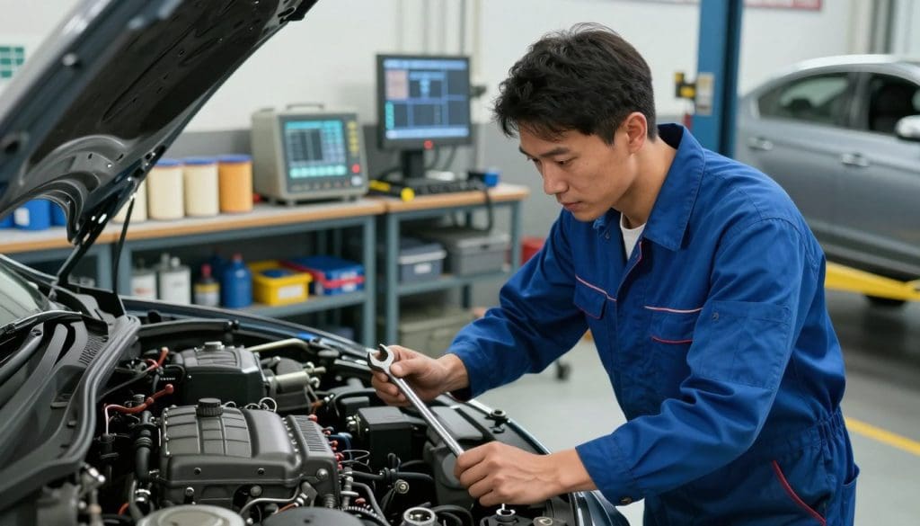 A detailed view of a mechanic workshop showcasing preventative car care. In the foreground, a mechanic in a blue coverall, inspecting an engine with a wrench, emphasizes professionalism. In the middle ground, shelves filled with engine oil, filters, and maintenance tools highlight the importance of regular upkeep. In the background, well-lit workstations are equipped with various diagnostic machines and a clean car on a lift, symbolizing thorough inspections. The lighting is bright and focused, casting soft shadows that create a clean and organized atmosphere. The overall mood is serious yet optimistic, promoting the value of preventative measures for financial savings.