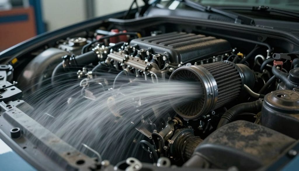 A detailed view of engine airflow showcasing the complex movement of air through an automobile engine, with a focus on the impact of dirty air filters. In the foreground, crisp and turbulent air streams are visualized, swirling in various colors to depict airflow patterns. The middle ground features engine components like air intakes and filters, slightly obscured by a layer of dirt, emphasizing the necessity for professional maintenance. The background should be a faintly illuminated garage setting, with subtle shadows to add depth, enhancing the industrial atmosphere. The lighting is dramatic yet clear, simulating an overhead light casting soft highlights on the engine parts. The angle is slightly low to create a sense of intensity and urgency, while maintaining a professional tone.