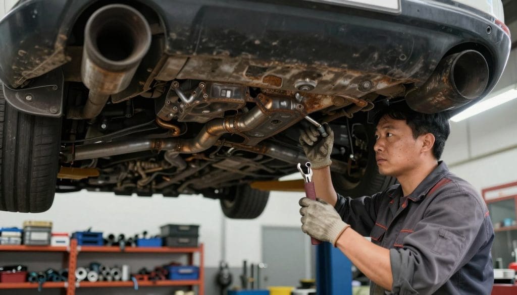 A detailed workshop scene focused on exhaust system repair. In the foreground, a professional mechanic, dressed in modest work attire, is inspecting a car’s exhaust system with tools in hand, highlighting the importance of repair. In the middle ground, a partially disassembled exhaust system, showing rust and wear, signifies the need for repair. In the background, shelves filled with tools and spare parts, softly illuminated by overhead workshop lights, create a realistic and industrious atmosphere. The overall mood is serious yet informative, demonstrating the necessity of maintaining vehicle exhaust systems for safety and efficiency. The angle is slightly elevated, capturing a comprehensive view of the mechanic at work.
