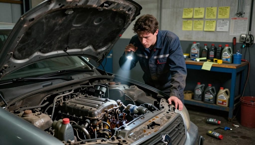A disheveled garage scene depicting the consequences of neglecting routine fluid maintenance in a vehicle. In the foreground, an open car hood reveals a rusty engine with oil leaks and dirty coolant. Tools are scattered around carelessly, and old bottles of various automotive fluids lie forgotten. In the middle ground, a concerned mechanic, wearing a professional uniform, examines the engine with a flashlight, showcasing their worry about potential damage. In the background, a cluttered workbench filled with neglected fluid change reminder notes creates a sense of chaos. The lighting is dim and moody, with dramatic shadows illuminating the engine bay, highlighting the neglect and urgency of fluid maintenance. The overall atmosphere is tense, underscoring the critical need for proper upkeep.