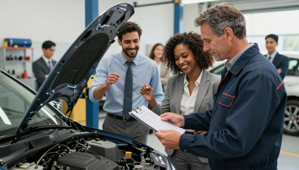 A dynamic scene illustrating a successful used car inspection, centered around a diverse group of professionals in business attire celebrating by a gleaming, recently inspected car. In the foreground, a mechanic, a middle-aged Caucasian man, proudly holds a checklist, while beside him, a young Black woman, wearing a crisp blazer, smiles with approval. In the middle, a happy couple, a Hispanic man and a woman, joyfully stand next to the car, showcasing their satisfaction. The background features a well-lit, modern inspection garage with tools and machinery visible. Soft, natural lighting creates a warm and optimistic atmosphere, emphasizing professionalism and trust. The angle captures the excitement of finding a reliable vehicle after a thorough inspection, conveying a sense of accomplishment and assurance in the experience. A dynamic scene illustrating a successful used car inspection, centered around a diverse group of professionals in business attire celebrating by a gleaming, recently inspected car. In the foreground, a mechanic, a middle-aged Caucasian man, proudly holds a checklist, while beside him, a young Black woman, wearing a crisp blazer, smiles with approval. In the middle, a happy couple, a Hispanic man and a woman, joyfully stand next to the car, showcasing their satisfaction. The background features a well-lit, modern inspection garage with tools and machinery visible. Soft, natural lighting creates a warm and optimistic atmosphere, emphasizing professionalism and trust. The angle captures the excitement of finding a reliable vehicle after a thorough inspection, conveying a sense of accomplishment and assurance in the experience.