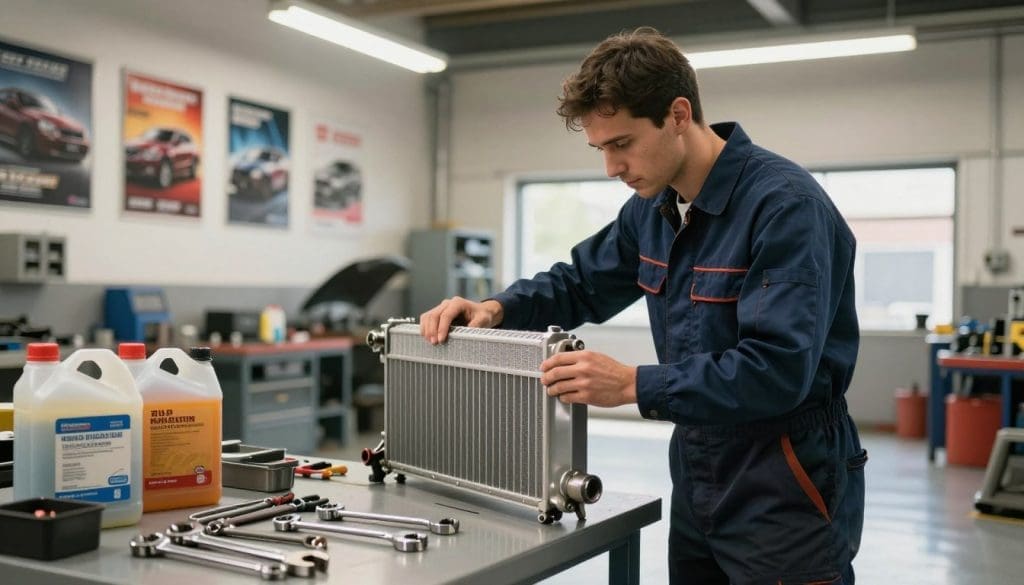 A mechanic in a clean, well-lit garage, wearing a navy blue jumpsuit, attentively servicing a radiator. The foreground features tools like wrenches and coolant containers neatly arranged on a workbench. In the middle ground, the mechanic inspects a shiny, well-maintained radiator, showing precision and care in the moment. The background portrays a bright workshop, with sparkling clean floors, overhead fluorescent lights casting a warm glow. An assortment of automotive posters hangs on the walls, emphasizing maintenance and service quality. The atmosphere is professional and reassuring, conveying a sense of trust and satisfaction. The angle is slightly elevated, capturing both the mechanic's focused expression and the intricacy of the radiator, illustrating the importance of meticulous service. A mechanic in a clean, well-lit garage, wearing a navy blue jumpsuit, attentively servicing a radiator. The foreground features tools like wrenches and coolant containers neatly arranged on a workbench. In the middle ground, the mechanic inspects a shiny, well-maintained radiator, showing precision and care in the moment. The background portrays a bright workshop, with sparkling clean floors, overhead fluorescent lights casting a warm glow. An assortment of automotive posters hangs on the walls, emphasizing maintenance and service quality. The atmosphere is professional and reassuring, conveying a sense of trust and satisfaction. The angle is slightly elevated, capturing both the mechanic's focused expression and the intricacy of the radiator, illustrating the importance of meticulous service.