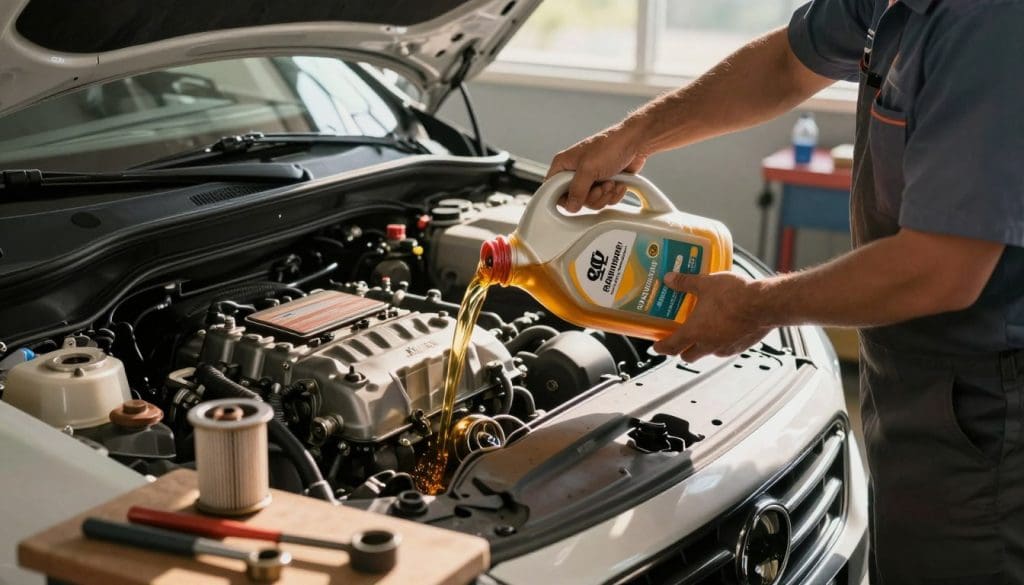 A mechanic in a clean, well-organized workshop is performing an engine oil service on a car. The mechanic, wearing a professional work uniform, is pouring fresh, golden engine oil from a container into the engine. The engine bay is detailed, showing brand labels and parts typical for modern vehicles. In the foreground, there are tools scattered on a workbench, with an oil filter and used oil container visibly present, emphasizing the service aspect. Soft, warm sunlight filters through a nearby window, casting gentle shadows that add depth to the scene. The atmosphere is focused and industrious, highlighting the importance of diligent engine maintenance, especially in a hot climate like San Antonio.