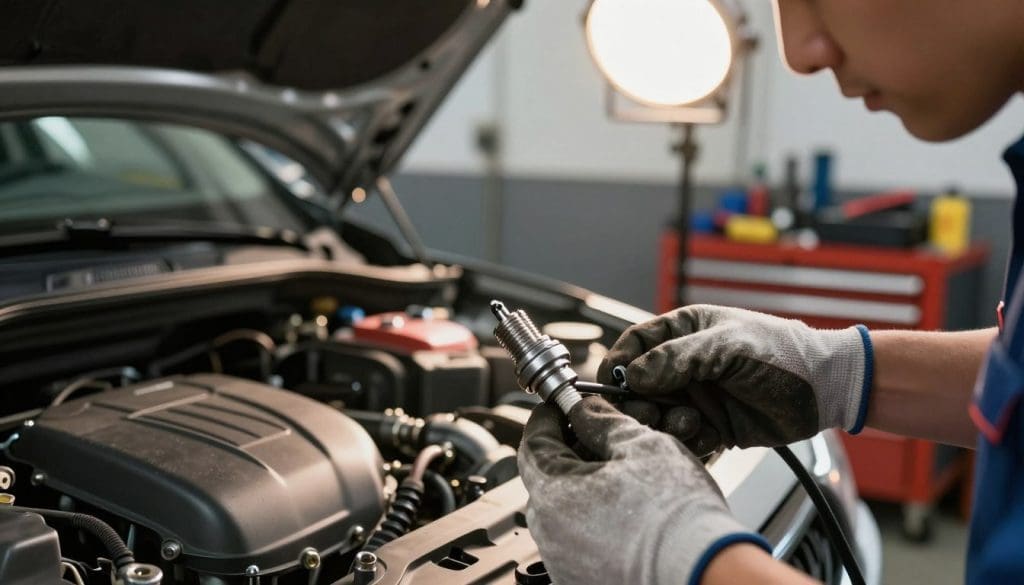 A mechanic's hands expertly replacing a spark plug in a well-lit garage. The foreground features a close-up of a gloved hand holding a spark plug socket, showcasing the intricate details of the tool. In the middle ground, the engine of a modern vehicle is partially visible, with components reflecting the clean, metallic sheen typical of a recent model. The background includes tool racks filled with various automotive tools and a bright overhead light that casts a warm glow, highlighting the focused expression of the mechanic. The atmosphere is industrious yet inviting, conveying a balance between DIY effort and professional skill. The angle is slightly overhead, providing a clear view of the spark plug and the hands at work, emphasizing the importance of this essential maintenance task. A mechanic's hands expertly replacing a spark plug in a well-lit garage. The foreground features a close-up of a gloved hand holding a spark plug socket, showcasing the intricate details of the tool. In the middle ground, the engine of a modern vehicle is partially visible, with components reflecting the clean, metallic sheen typical of a recent model. The background includes tool racks filled with various automotive tools and a bright overhead light that casts a warm glow, highlighting the focused expression of the mechanic. The atmosphere is industrious yet inviting, conveying a balance between DIY effort and professional skill. The angle is slightly overhead, providing a clear view of the spark plug and the hands at work, emphasizing the importance of this essential maintenance task.