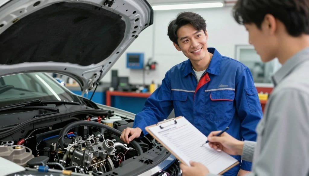 A mechanic's workshop setting featuring a friendly, professional mechanic in a clean uniform, engaging with a curious car owner. In the foreground, the mechanic holds a clipboard with a checklist of steering-related questions. The middle layer includes an open car hood, revealing the intricate steering components with various tools scattered around. The background showcases the workshop with bright fluorescent lighting, emphasizing a clean, organized environment filled with car parts and equipment. The atmosphere is one of collaboration and trust, highlighting the importance of communication regarding vehicle safety. The scene is well-lit, with a depth of field that keeps the focus sharp on the mechanic and the car's steering system.