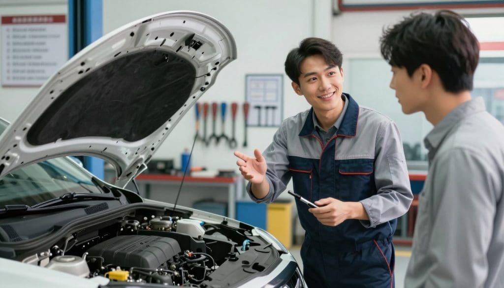 A modern auto repair shop interior, focusing on a transparent communication scene between a mechanic and a customer. In the foreground, a friendly mechanic in professional business attire, gesturing with a tool in hand, explains a car issue to a curious customer. In the middle ground, a vehicle is being worked on, with open hood and visible engine components, emphasizing transparency. The background features organized tools on walls and posters about customer service principles. The lighting is bright and soft, creating a welcoming atmosphere, with a slight depth of field to highlight the interaction. Capture a mood of trust and professionalism, showcasing the importance of clear communication in auto repairs.