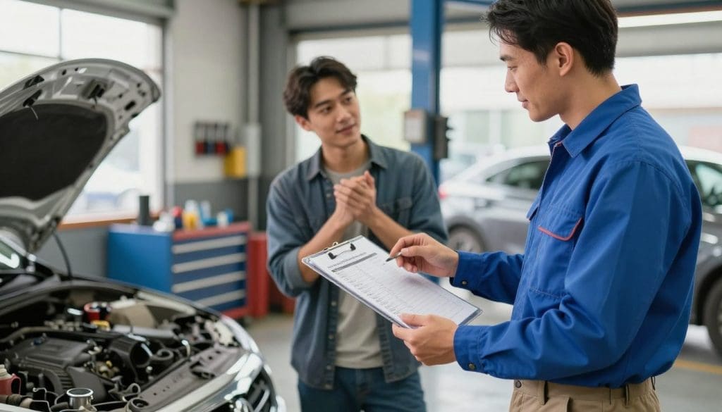 A modern auto repair shop interior portraying a mechanic and a customer engaged in a friendly conversation over a transparent clipboard filled with honest estimates and fair pricing details. In the foreground, the mechanic, dressed in a neat blue work shirt and khakis, gestures towards the transparent clipboard, illustrating sincerity and transparency. The middle section features the customer, a young professional in casual attire, nodding in appreciation, highlighting trust. The background includes clean tools and well-organized workstations, emphasizing professionalism. Soft, natural lighting through large windows creates a warm atmosphere, while a slight depth of field puts focus on the interaction, conveying the value of fair pricing and honest communication in great customer service.