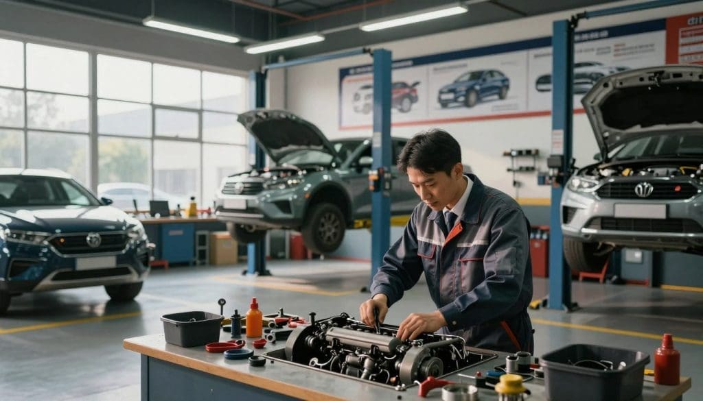 A modern automotive repair shop interior, showcasing a comprehensive range of services offered. In the foreground, a professional mechanic in business attire is working on an engine, surrounded by various tools and parts. In the middle ground, vehicles are elevated on lifts, with visible brake systems and tires being repaired. The background features a clean, organized service area with a large wall displaying automotive diagrams and service packages. Soft, natural lighting filters in through large windows, casting gentle shadows, creating a welcoming and industrious atmosphere. The perspective is slightly angled, giving depth to the scene, emphasizing professionalism and expertise in automotive repair.