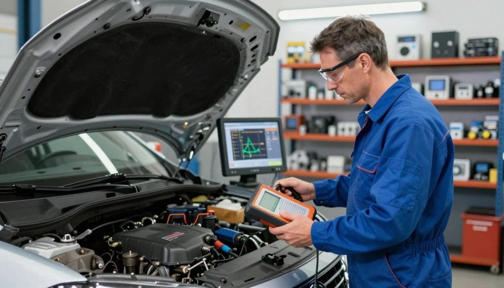 A professional automotive technician in a clean, well-lit garage setting, examining a car engine with a high-tech diagnostic tool in hand. In the foreground, the technician, a middle-aged Caucasian male dressed in a blue mechanic's jumpsuit and safety glasses, is focused on a computer screen displaying engine data and graphs. The middle ground shows an open hood of a modern car, with various tools neatly arranged nearby. The background contains shelves filled with automotive parts and diagnostic equipment, illuminated by soft overhead lighting. The atmosphere conveys a sense of professionalism and attention to detail, emphasizing the reliability and importance of accurate diagnostics in vehicle maintenance, highlighting the long-term financial benefits.